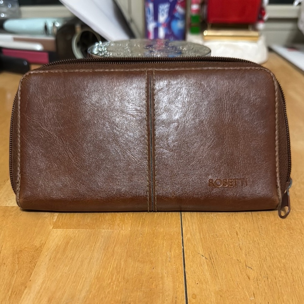 Rosetti Brown Leather Wallet with Zipper Closure and Textured Finish